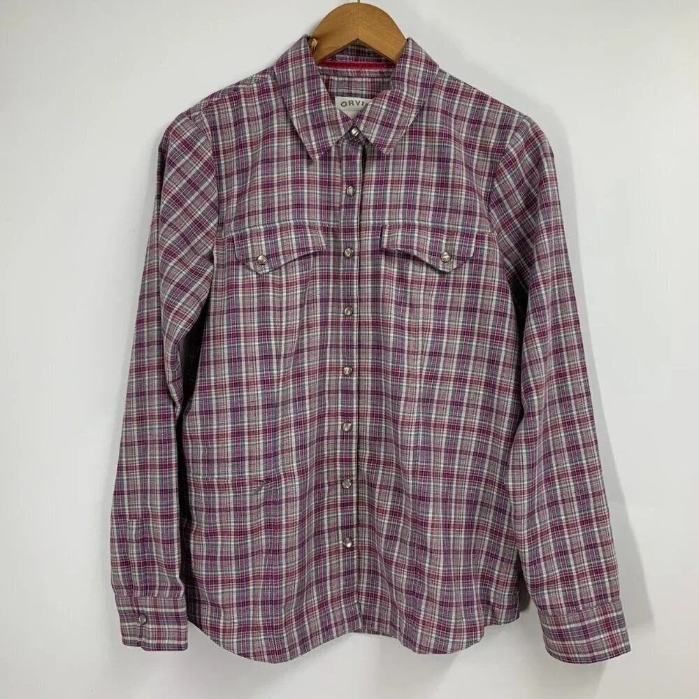 Orvis Women's Pearl Snap Button Plaid Long Sleeve Collared Shirt Size 10